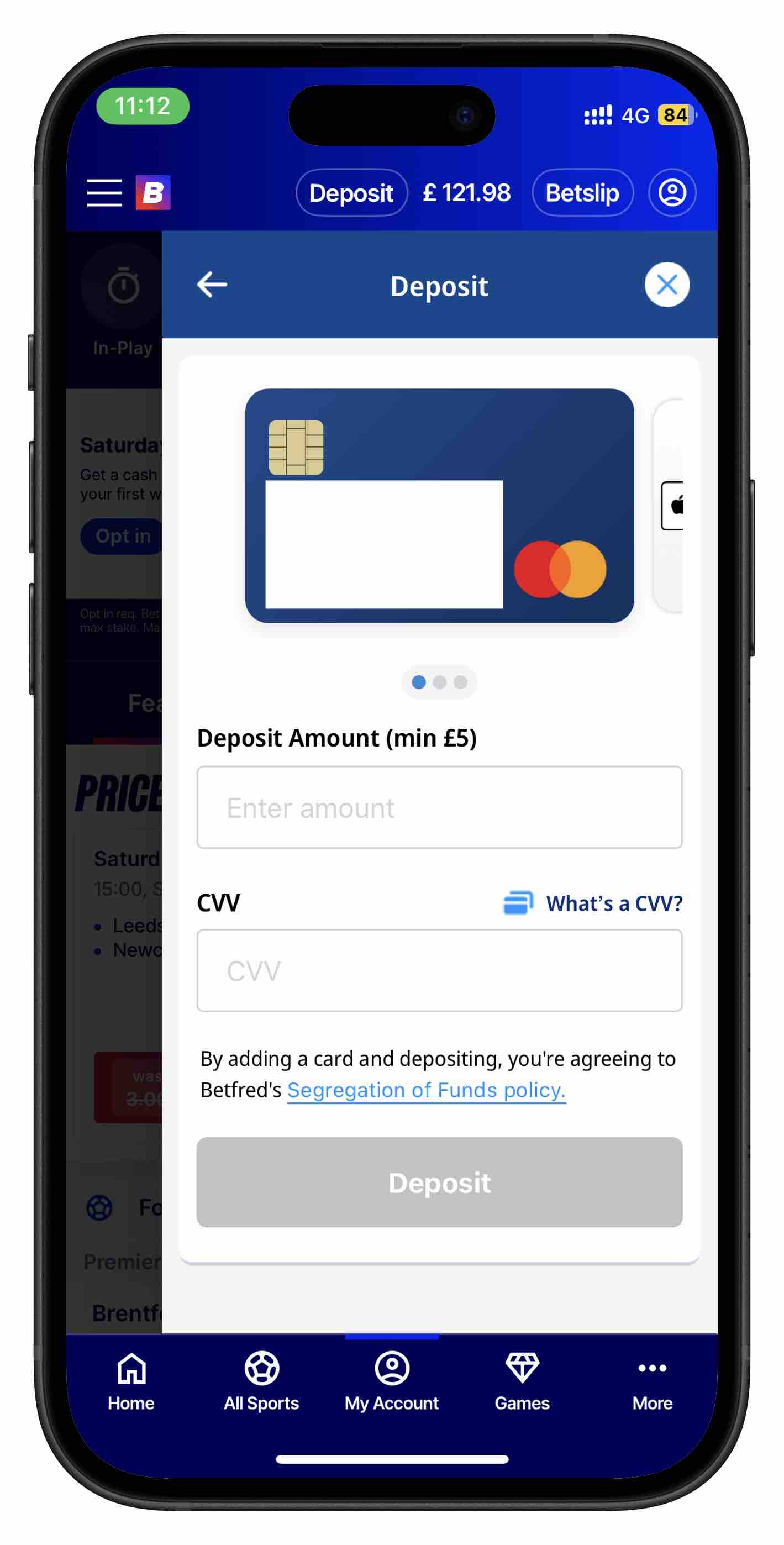 Betfred app deposit page via debit card