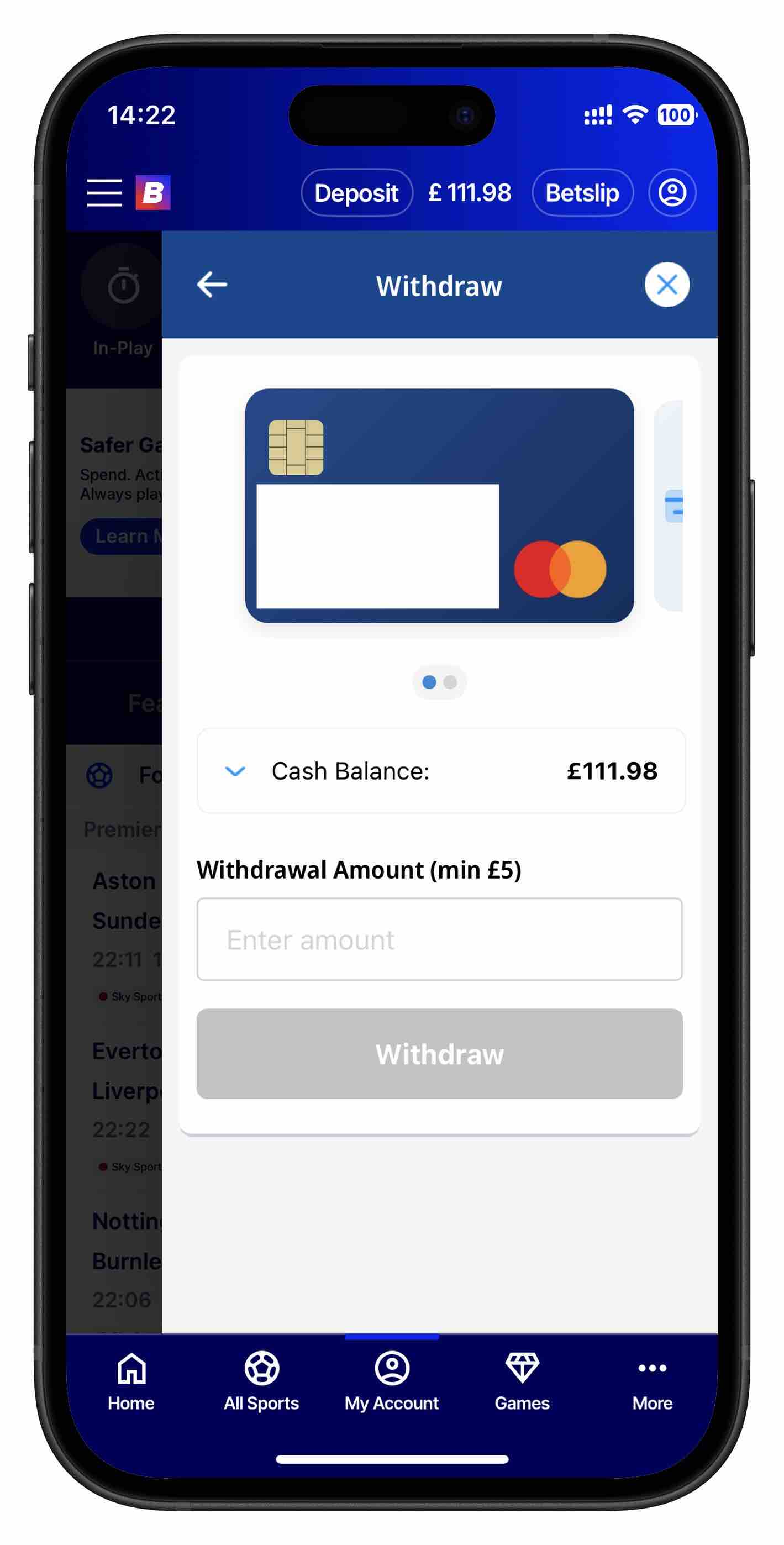 betfred app withdrawal page