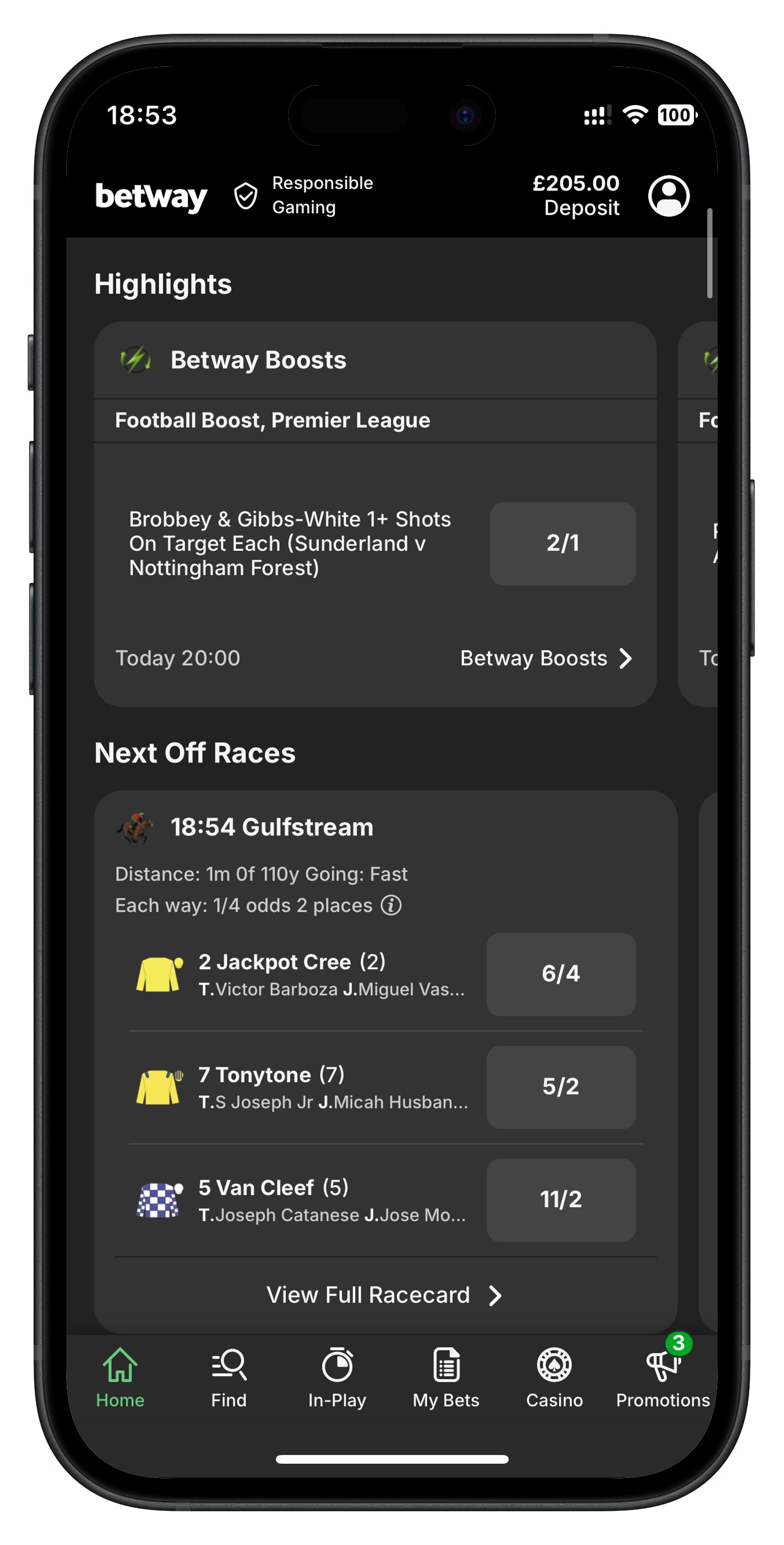 betway app homepage matches