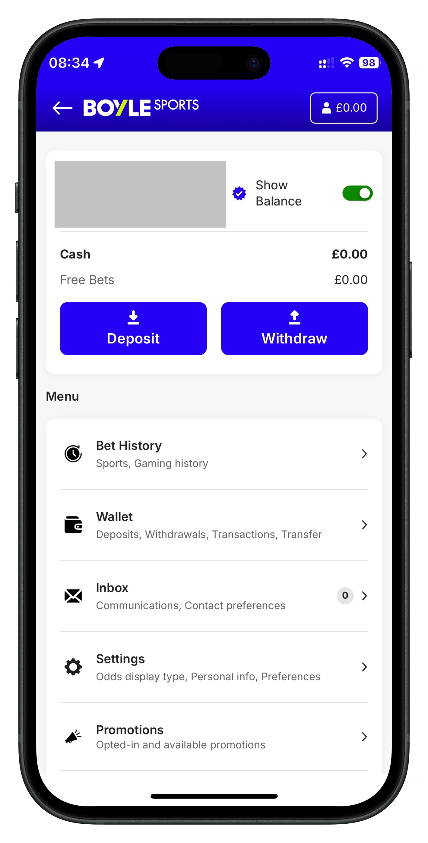 boylesports app account page