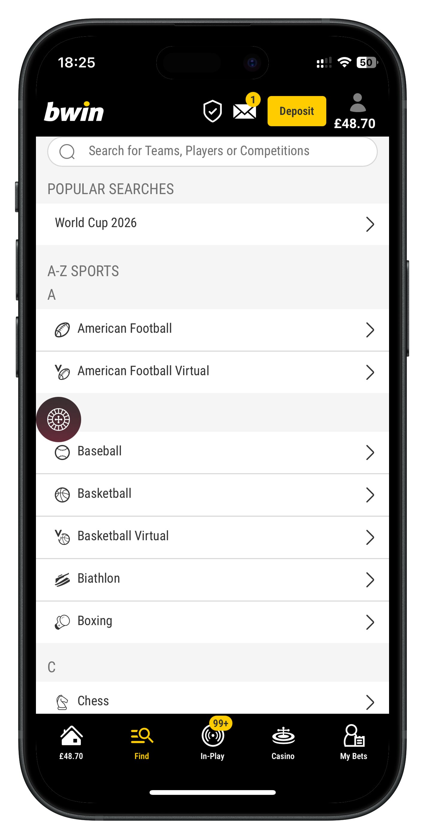 bwin app search bar