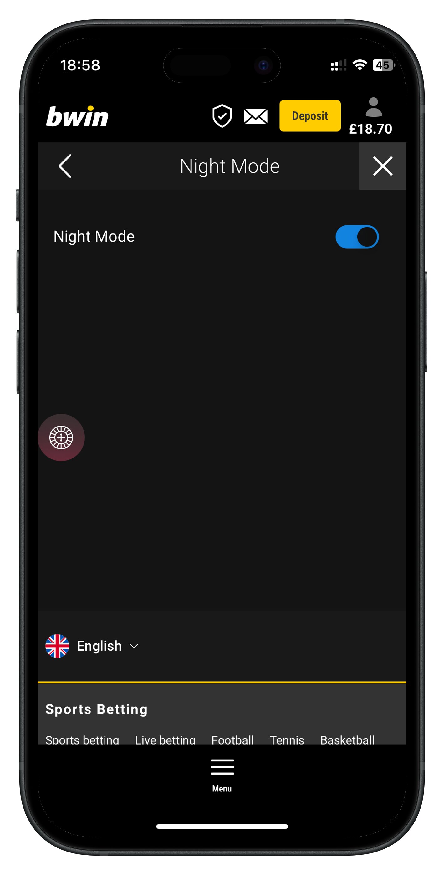 bwin app night mode