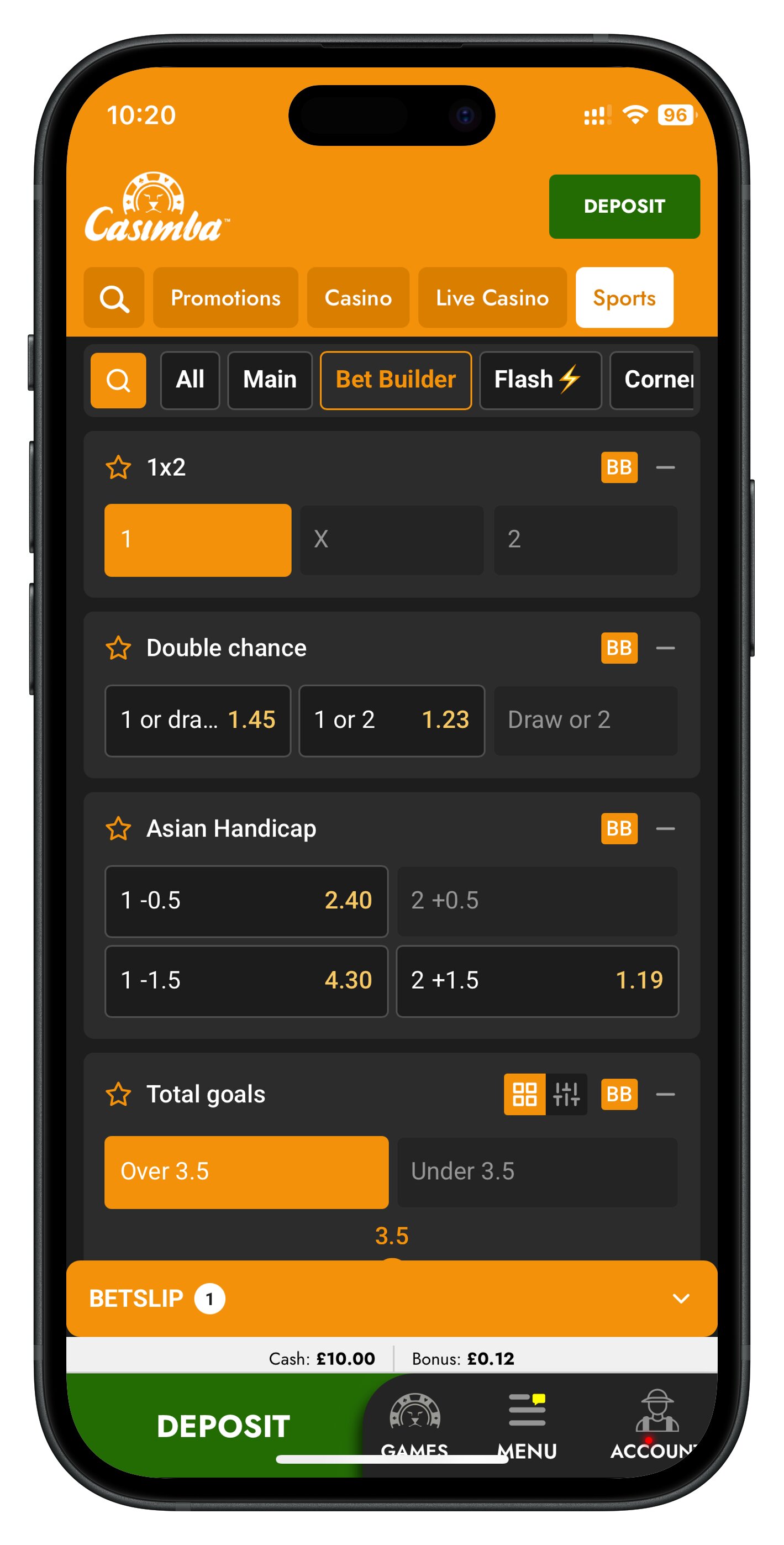 casimba app bet builder selections