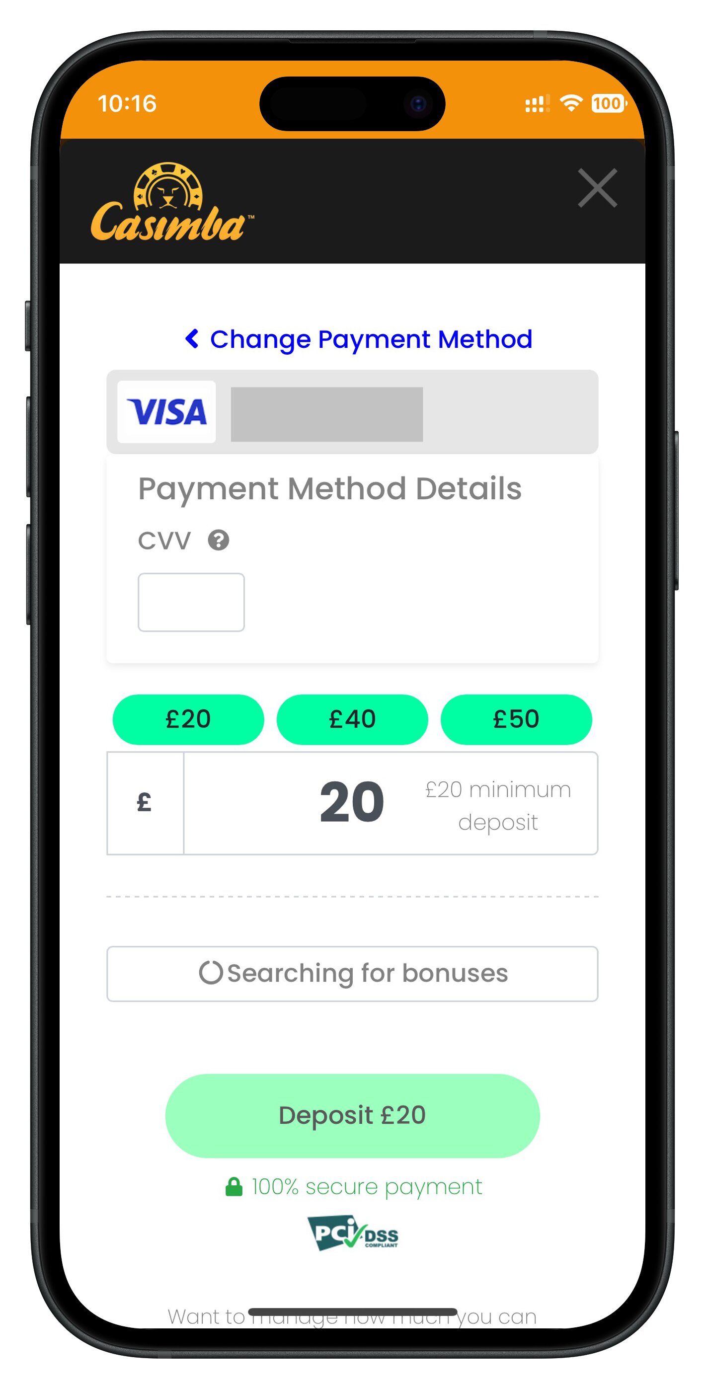 casimba app deposit page