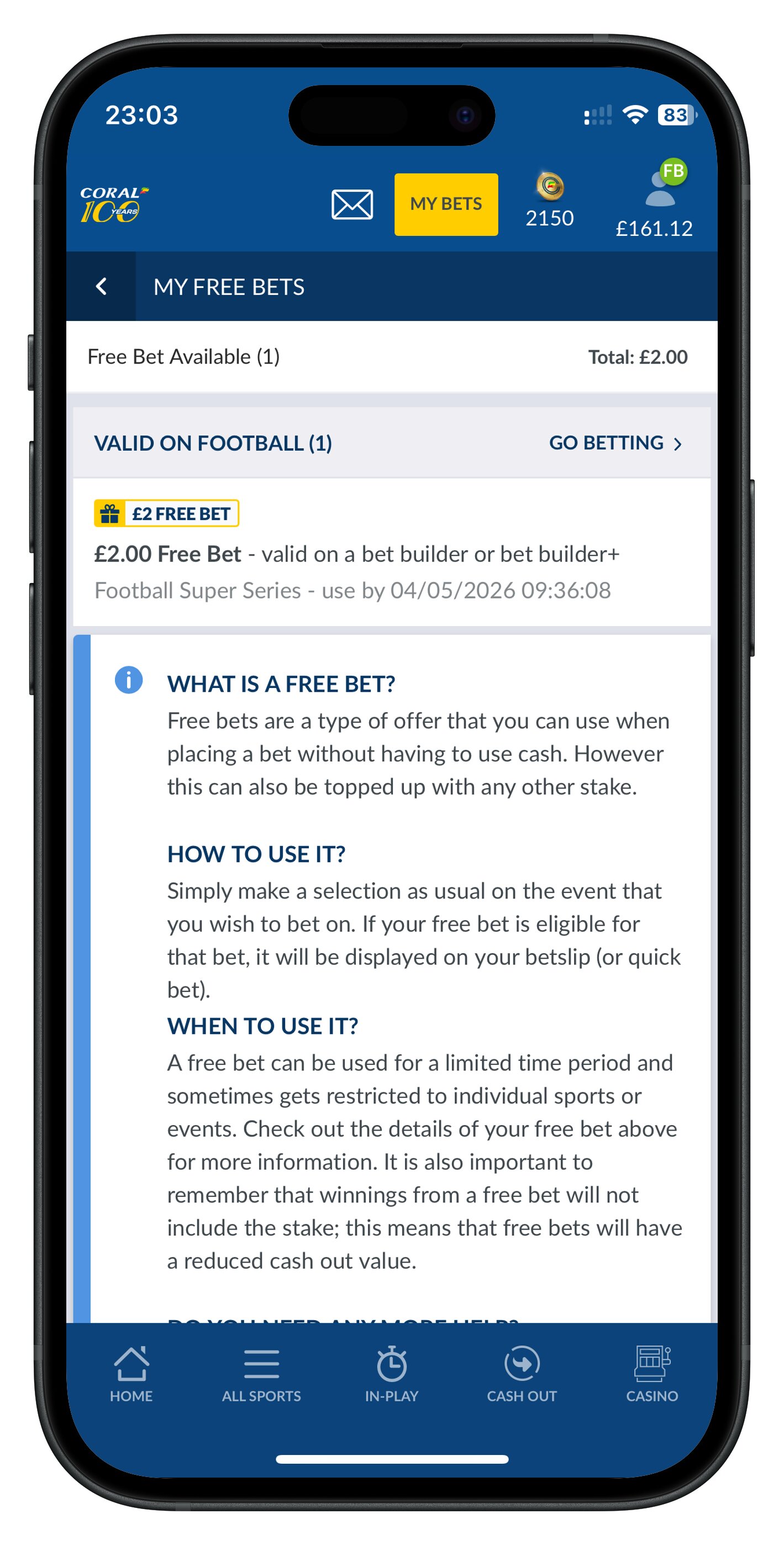 coral app free bet page