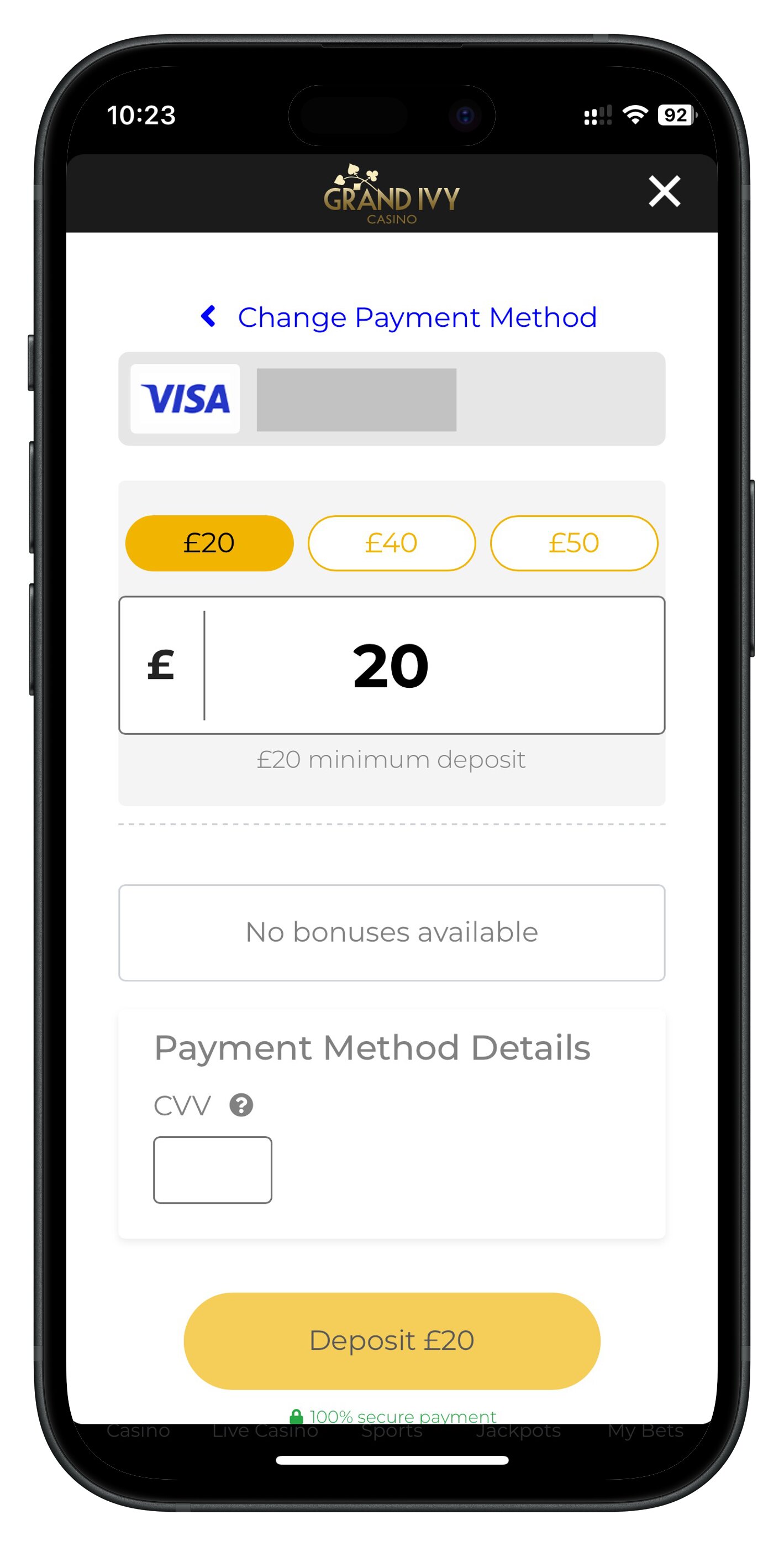 grandivy app deposit page bonus selection