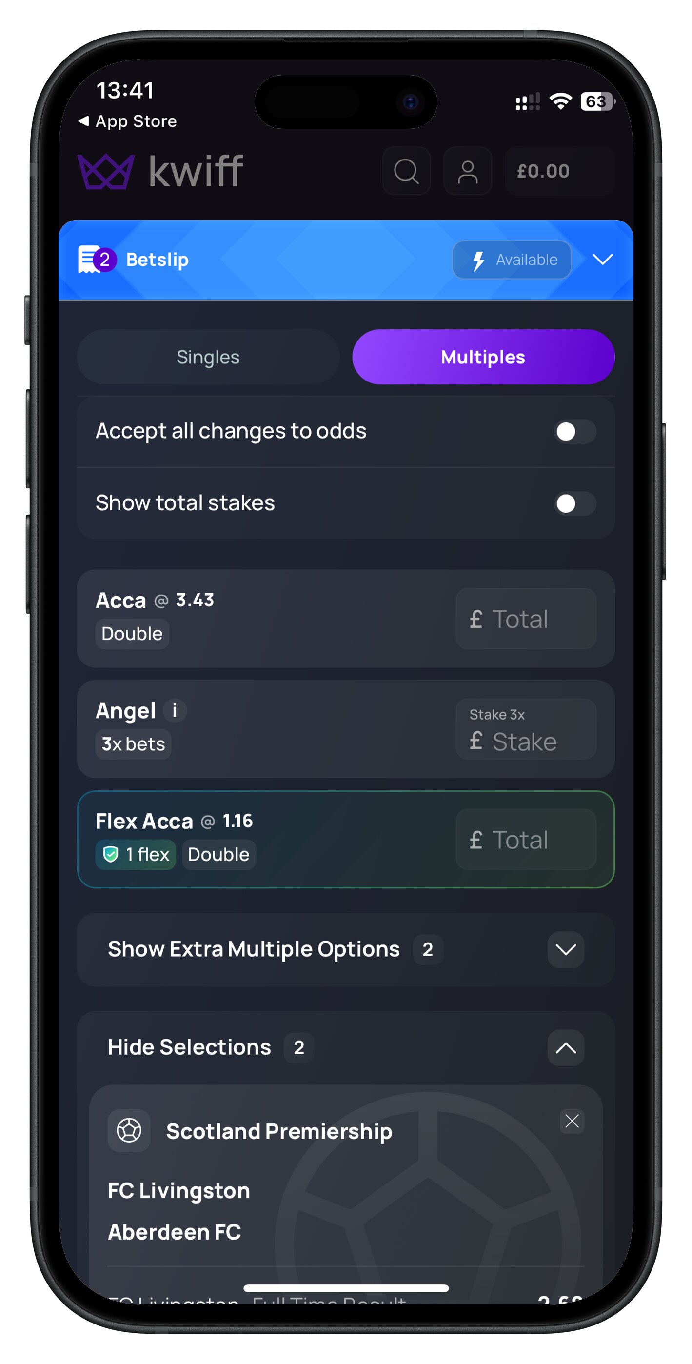 kwiff app acca selections in betslip