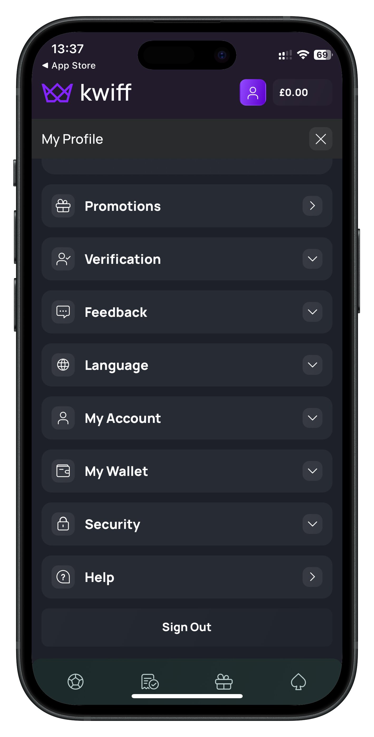 kwiff app account page