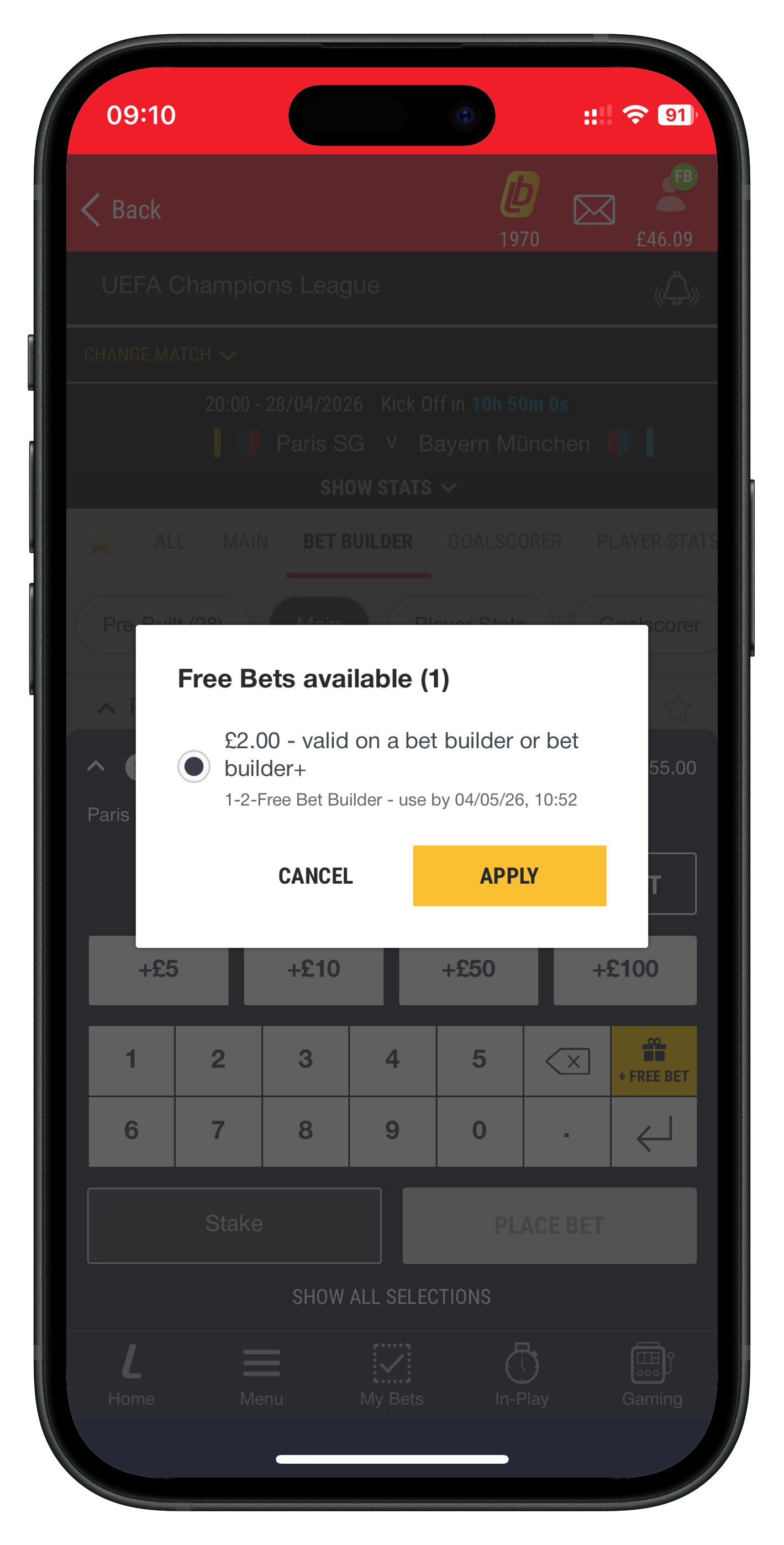 ladbrokes app free bet selection