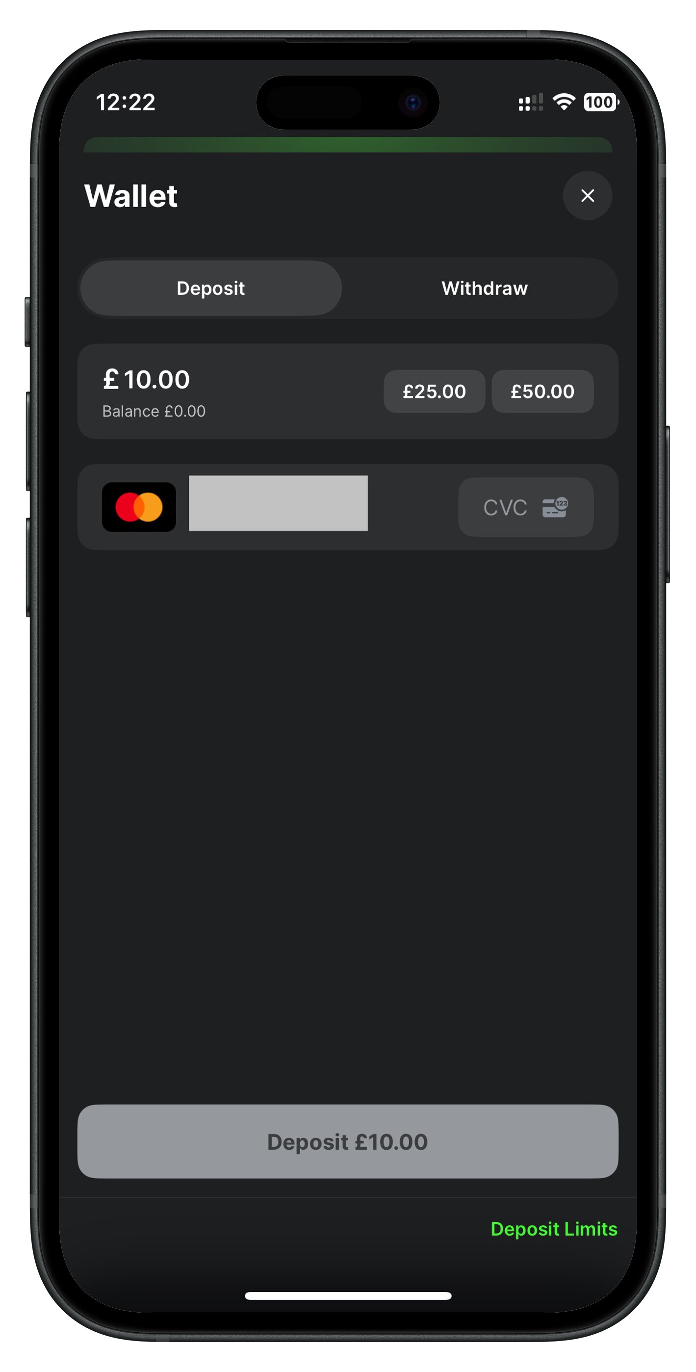 Midnite app deposit page via debit card