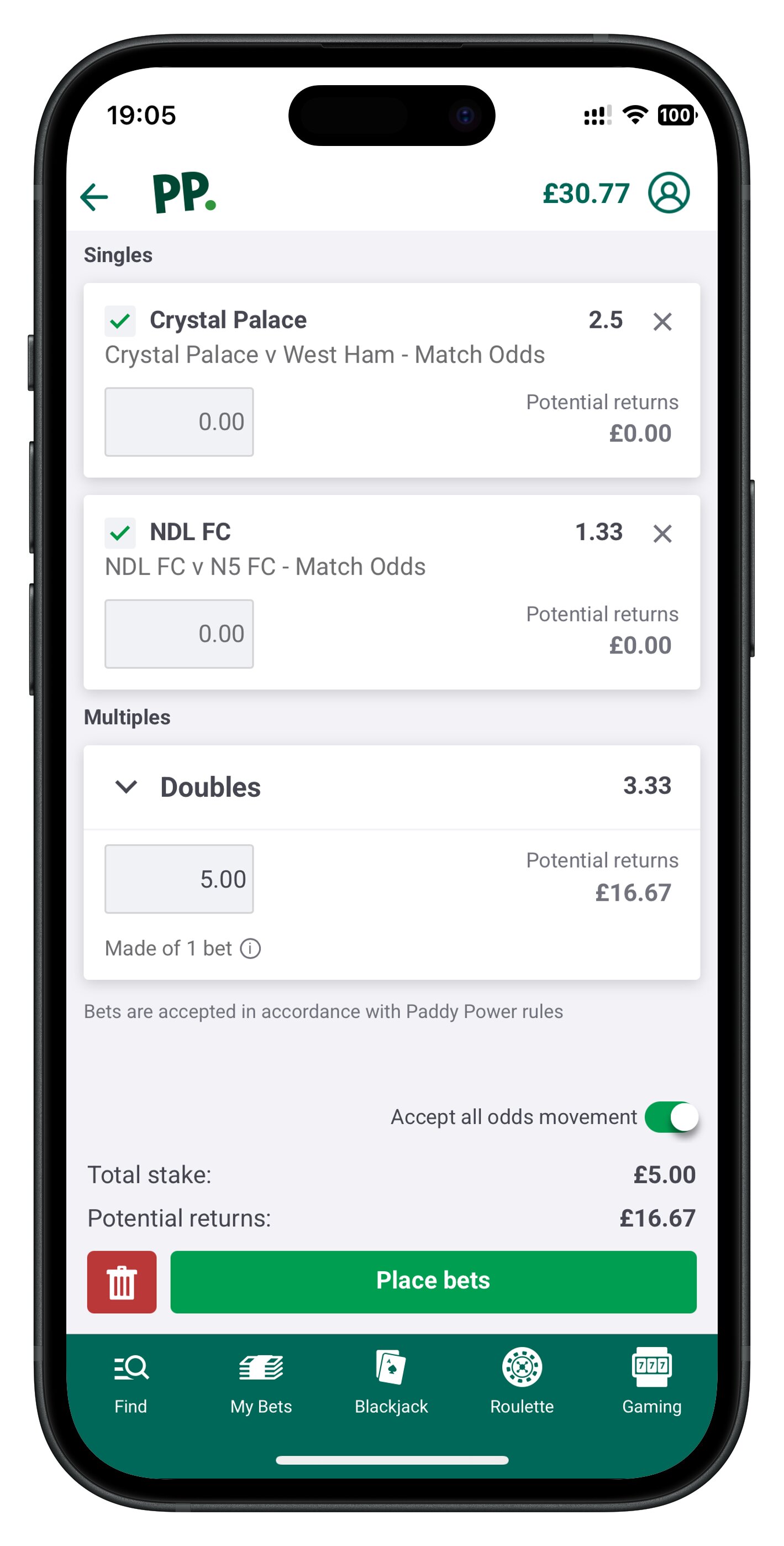 Paddy Power app acca with potential returns