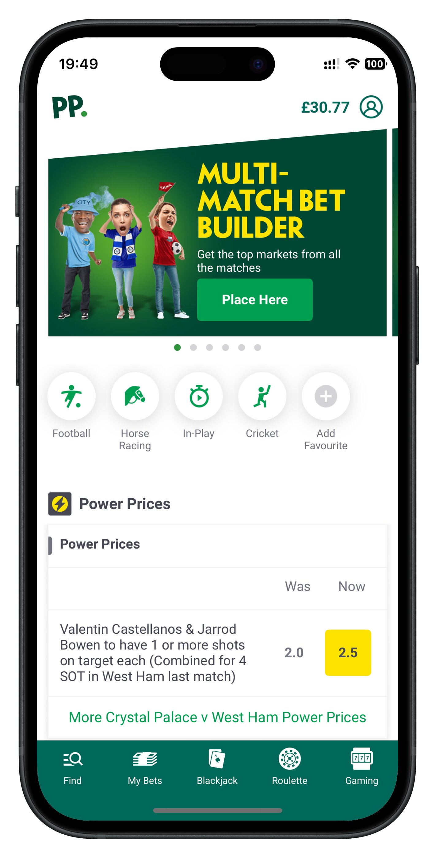 paddypower app favorite in homepage