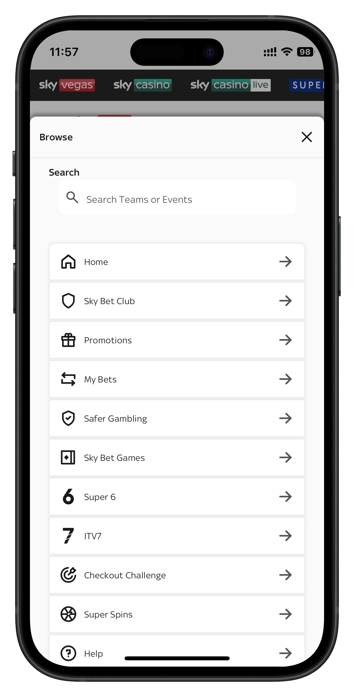 skybet app search bar